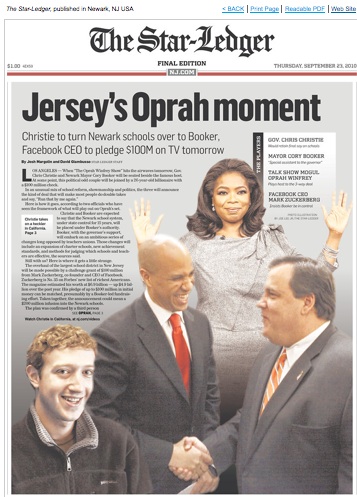 Front page of the Star Ledger