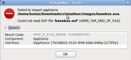 Could not read OVF file (VERR_TAR_END_OF_FILE)